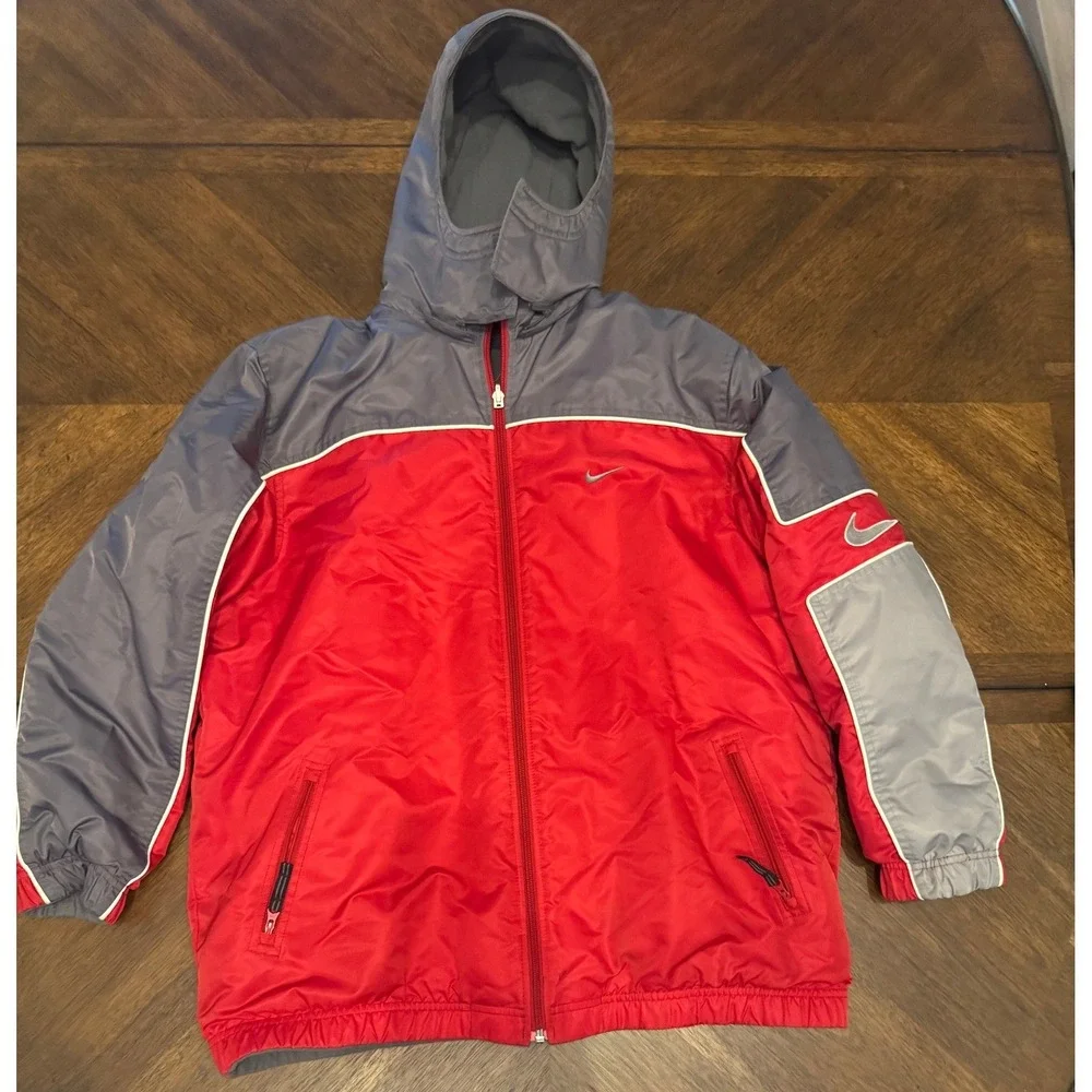 Nike Boys Reversible Fleece Windbreaker Hooded Jacket Red Grey XL 18-20 |O1‎